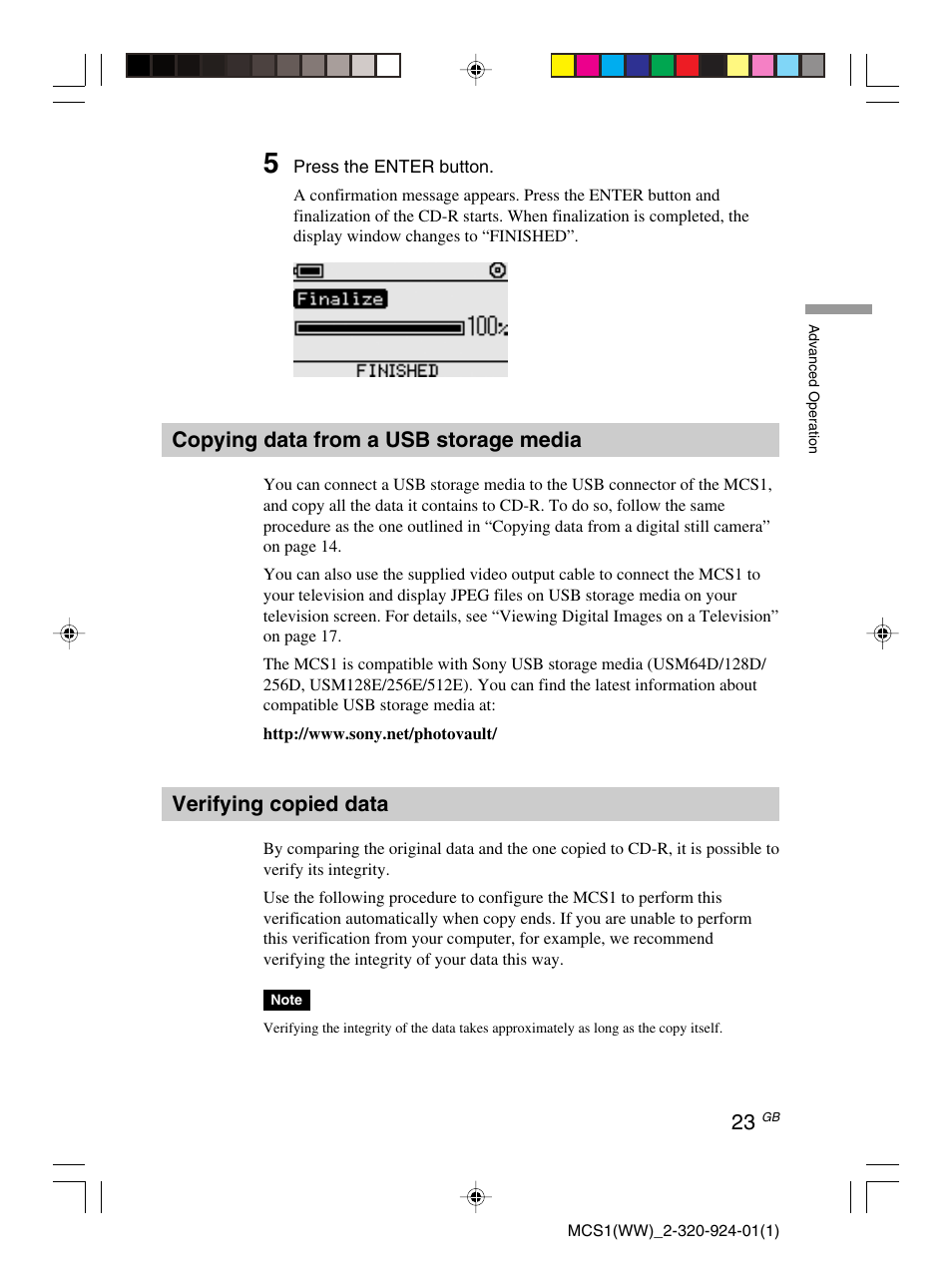 Copying data from a usb storage media, Verifying copied data | Sony MCS1 User Manual | Page 23 / 108