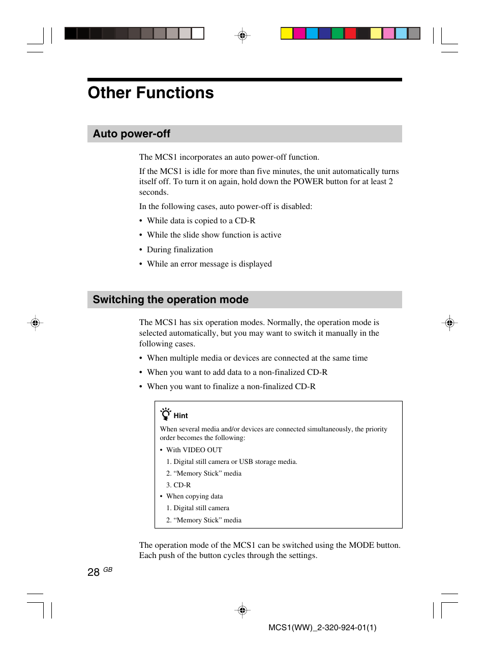 Other functions, Auto power-off, Switching the operation mode | Sony MCS1 User Manual | Page 28 / 108