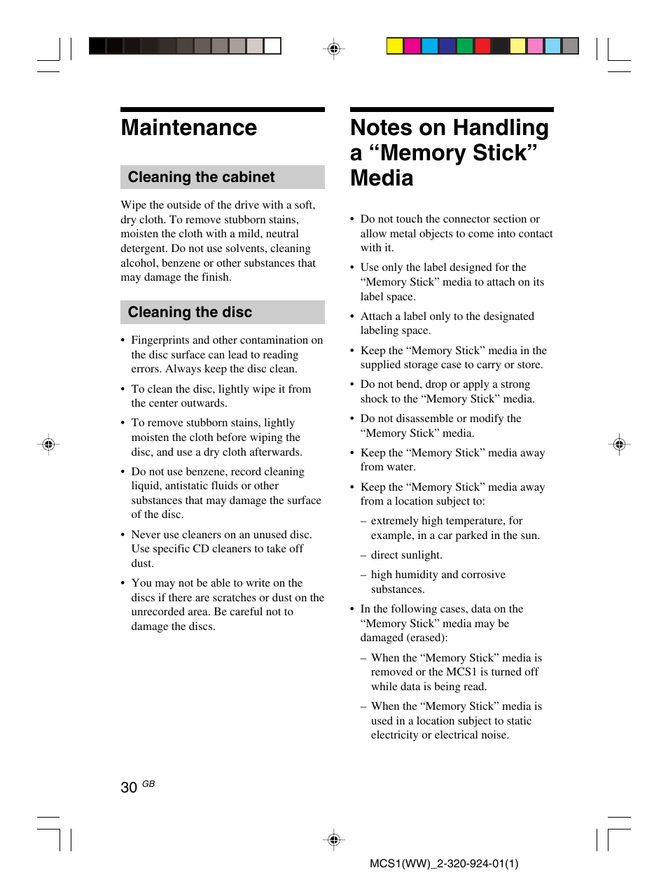 Maintenance | Sony MCS1 User Manual | Page 30 / 108