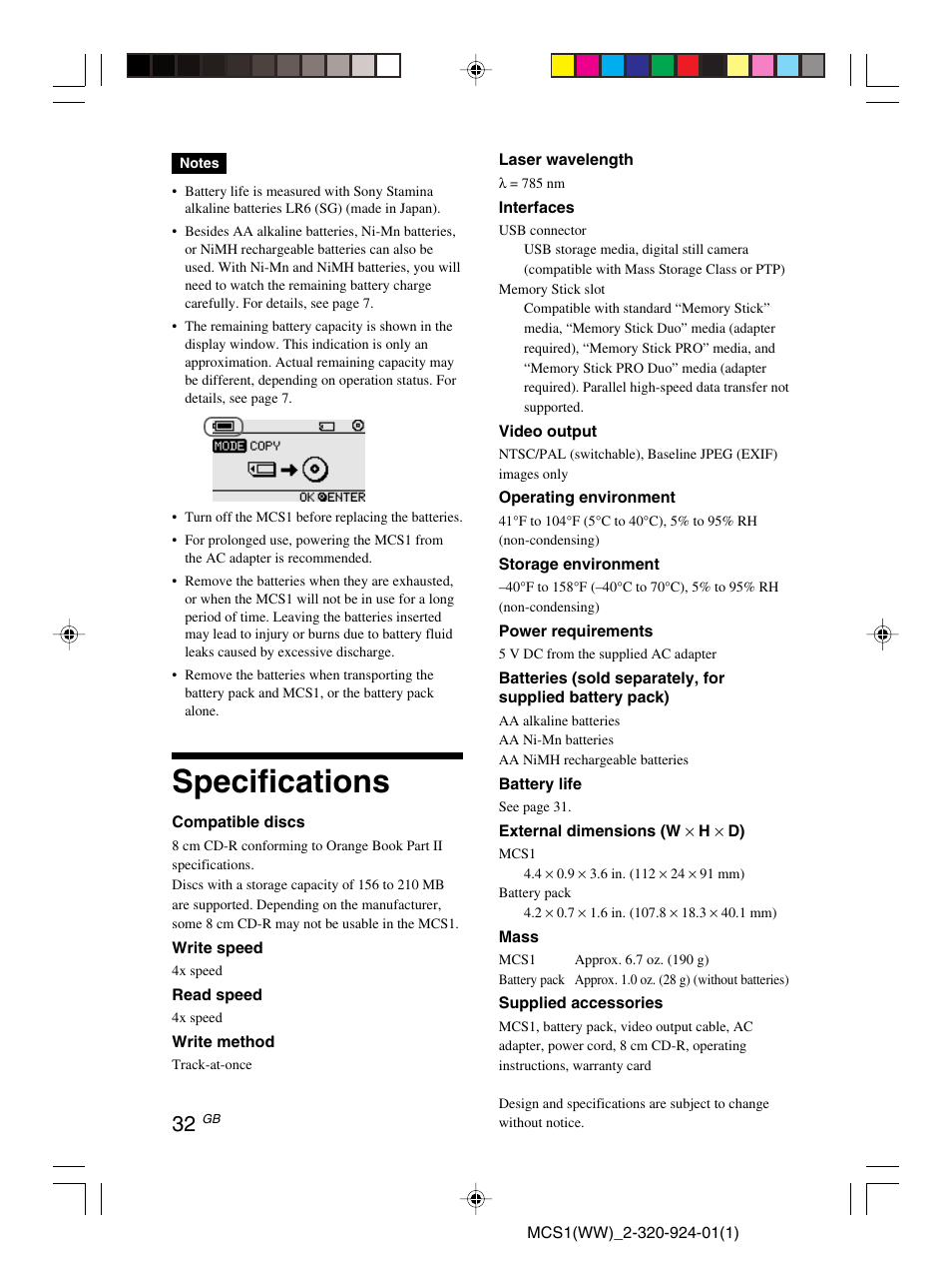 Specifications | Sony MCS1 User Manual | Page 32 / 108