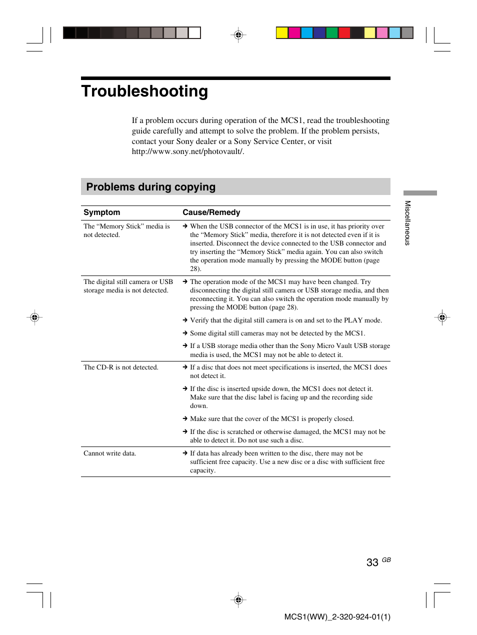 Troubleshooting, Problems during copying | Sony MCS1 User Manual | Page 33 / 108