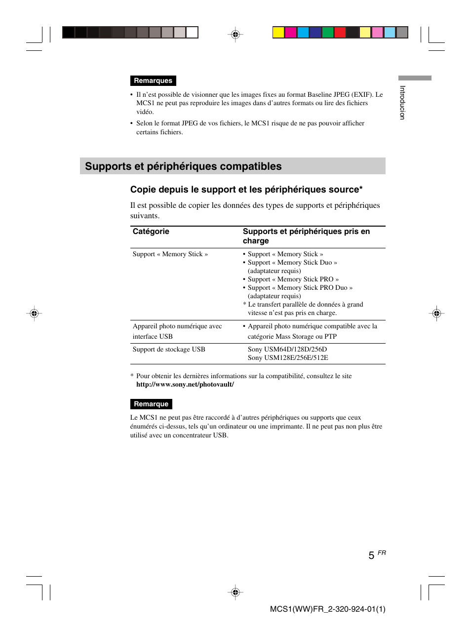Supports et périphériques compatibles | Sony MCS1 User Manual | Page 39 / 108