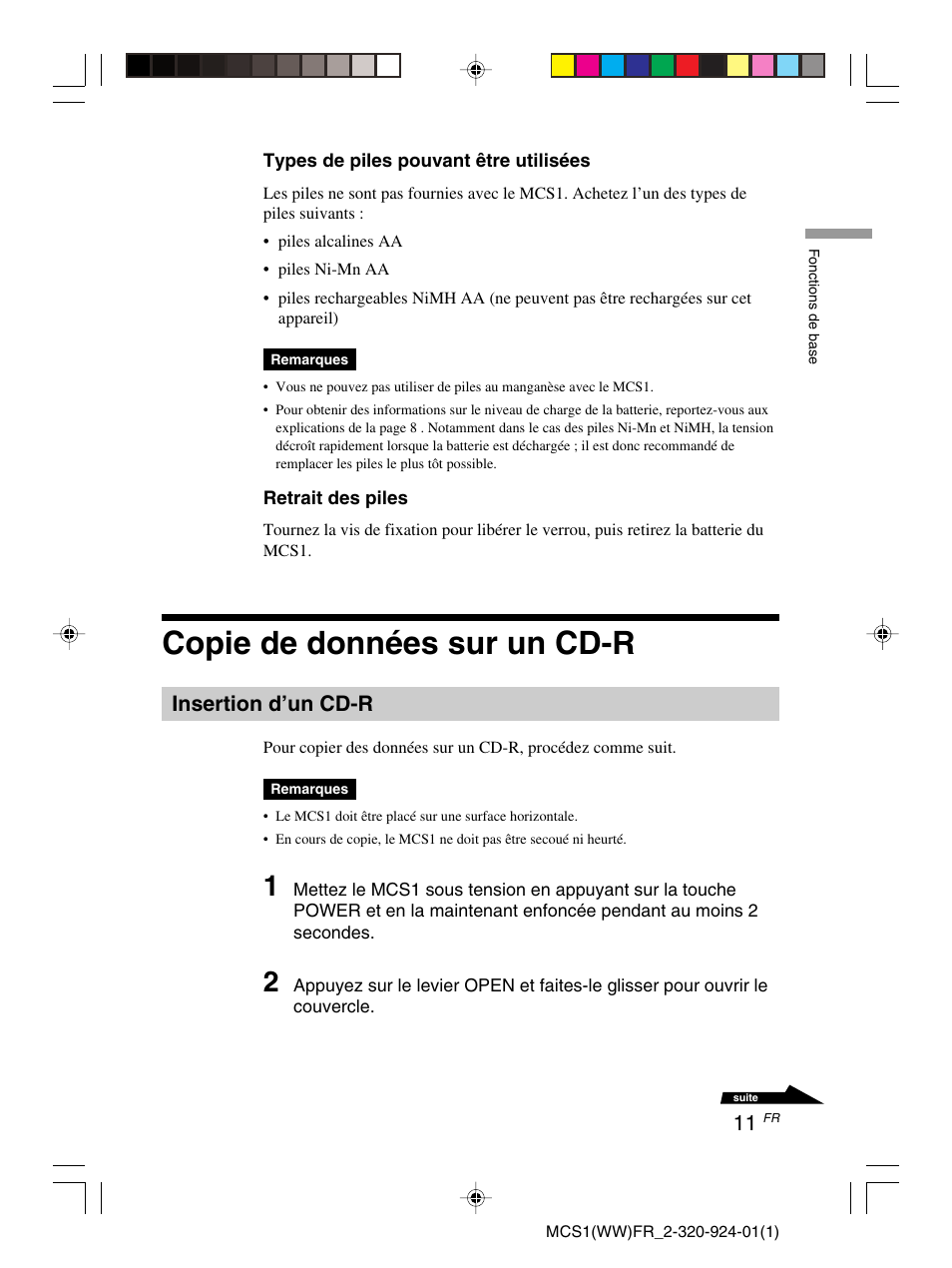 Copie de données sur un cd-r, Insertion d’un cd-r | Sony MCS1 User Manual | Page 45 / 108