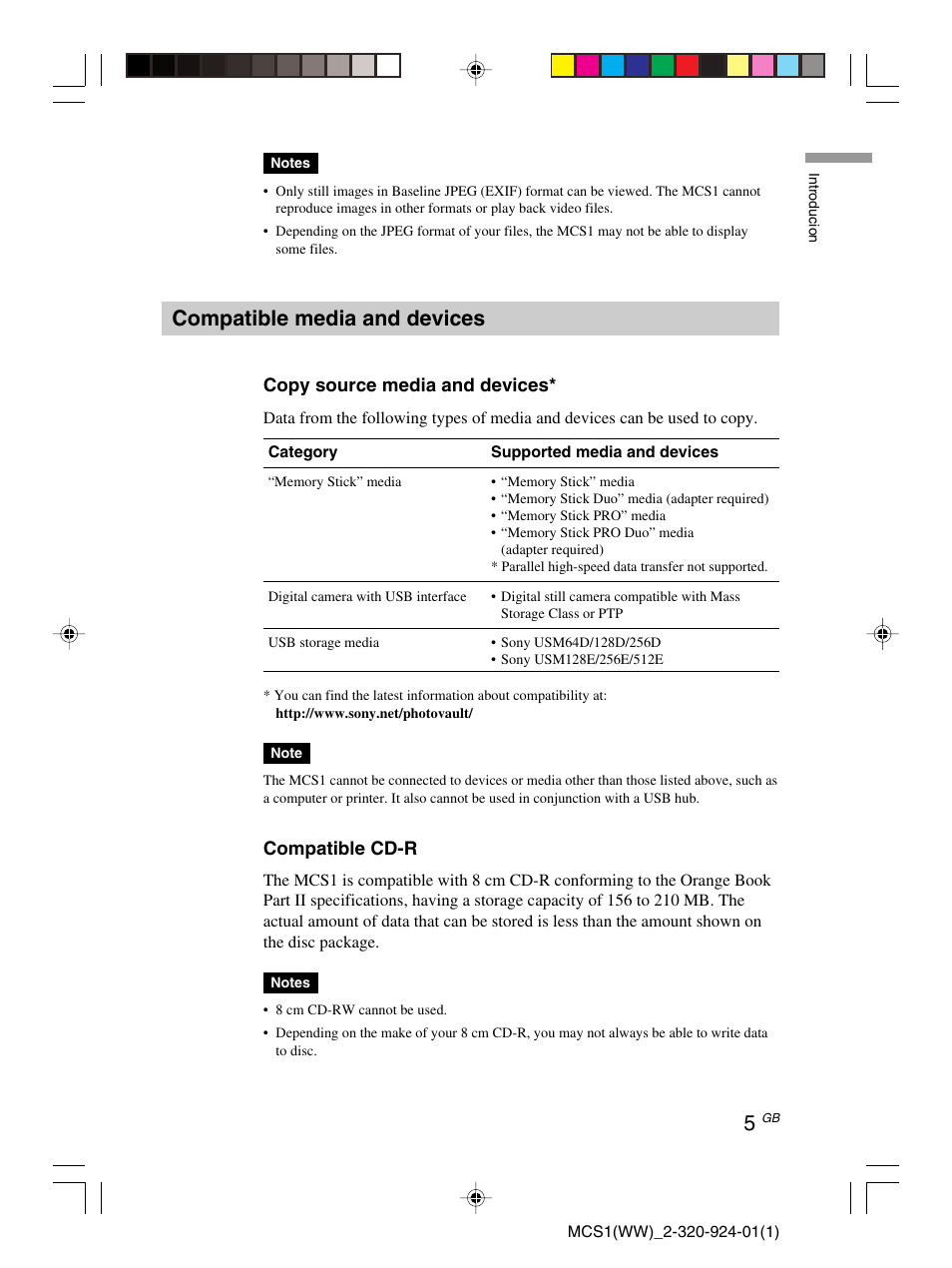 Compatible media and devices | Sony MCS1 User Manual | Page 5 / 108