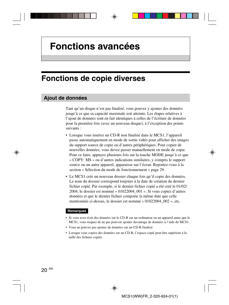 Fonctions avancées, Fonctions de copie diverses | Sony MCS1 User Manual | Page 54 / 108