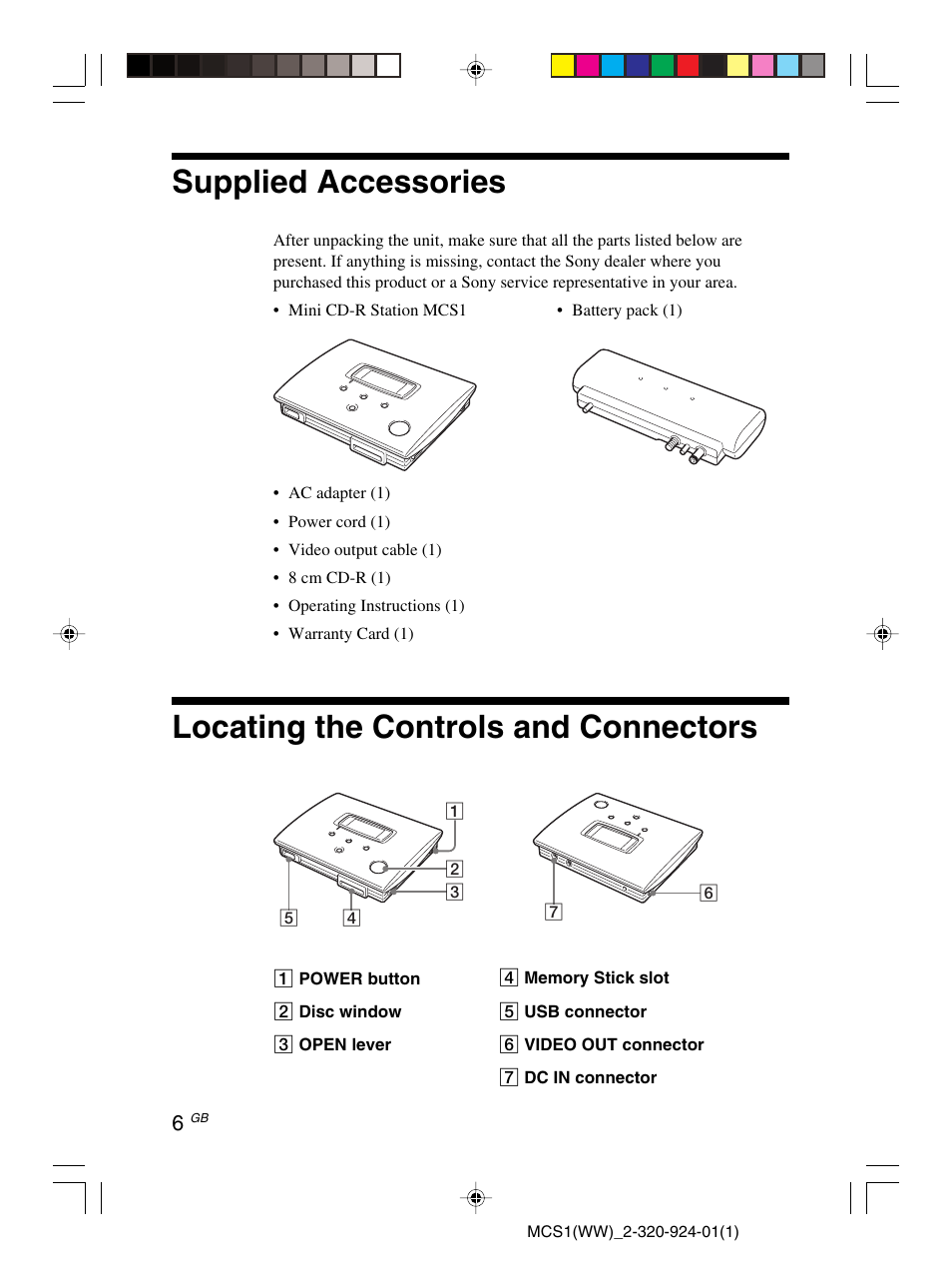 Supplied accessories, Locating the controls and connectors | Sony MCS1 User Manual | Page 6 / 108