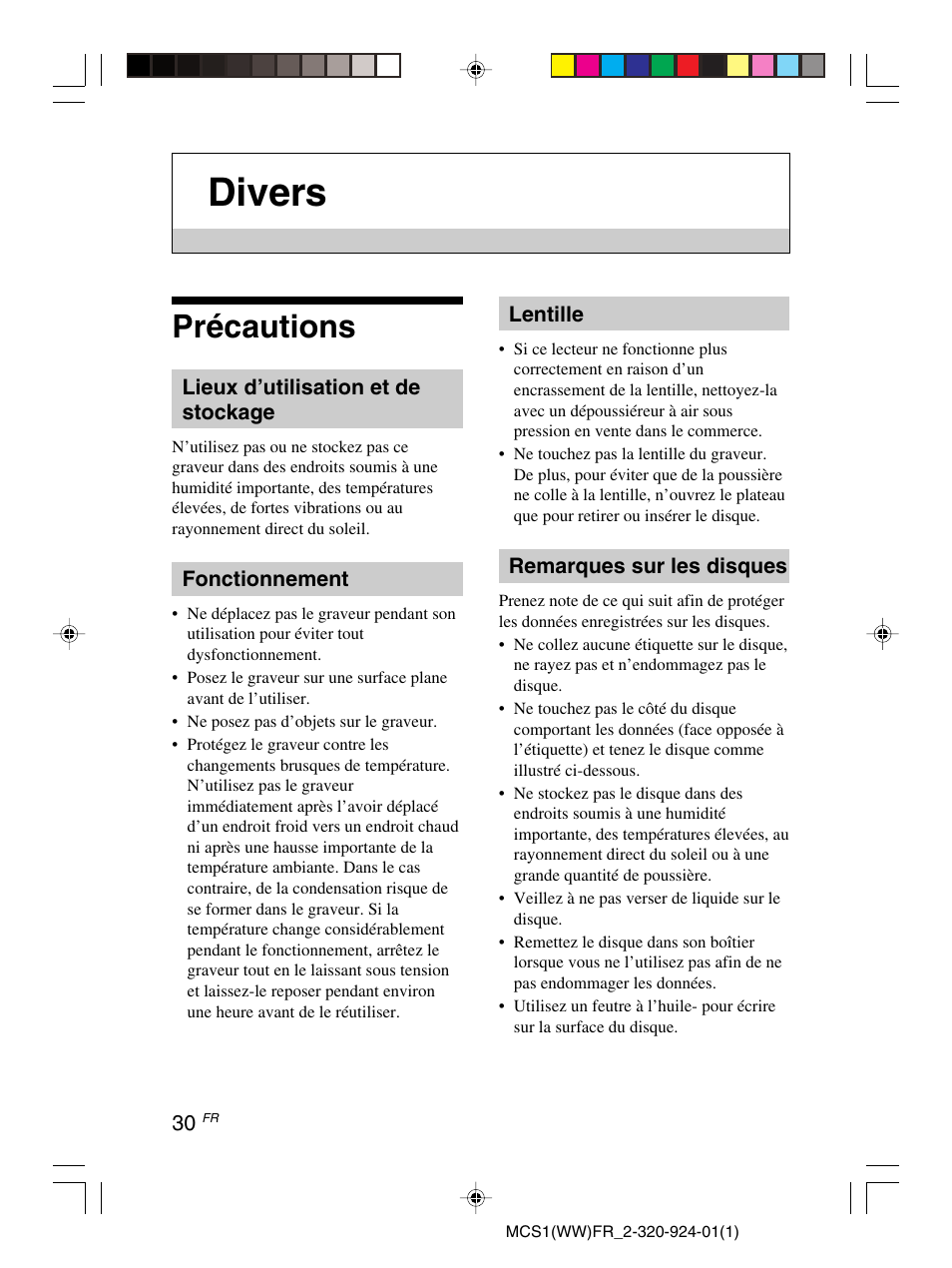 Divers, Précautions | Sony MCS1 User Manual | Page 64 / 108