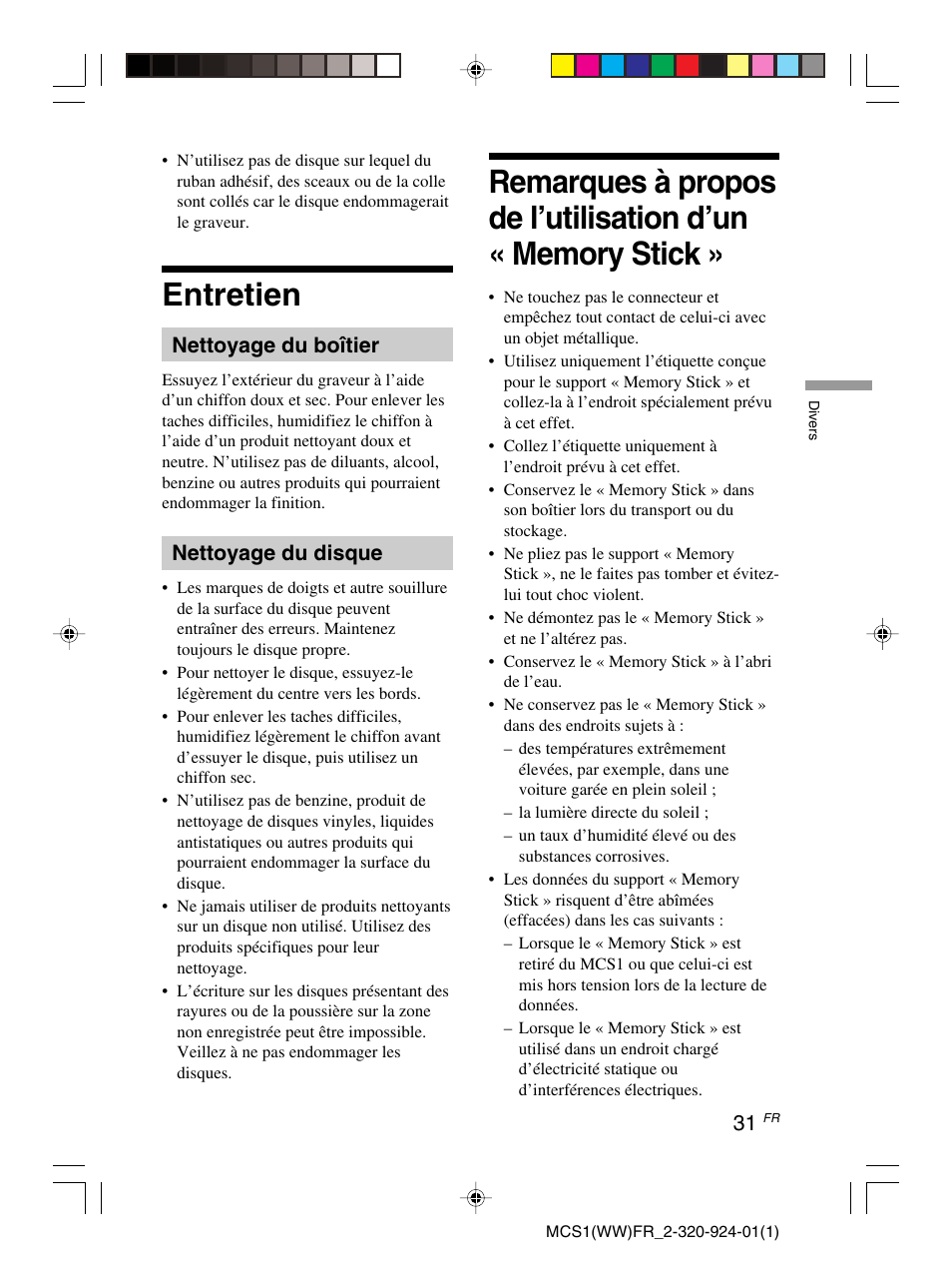 Entretien | Sony MCS1 User Manual | Page 65 / 108