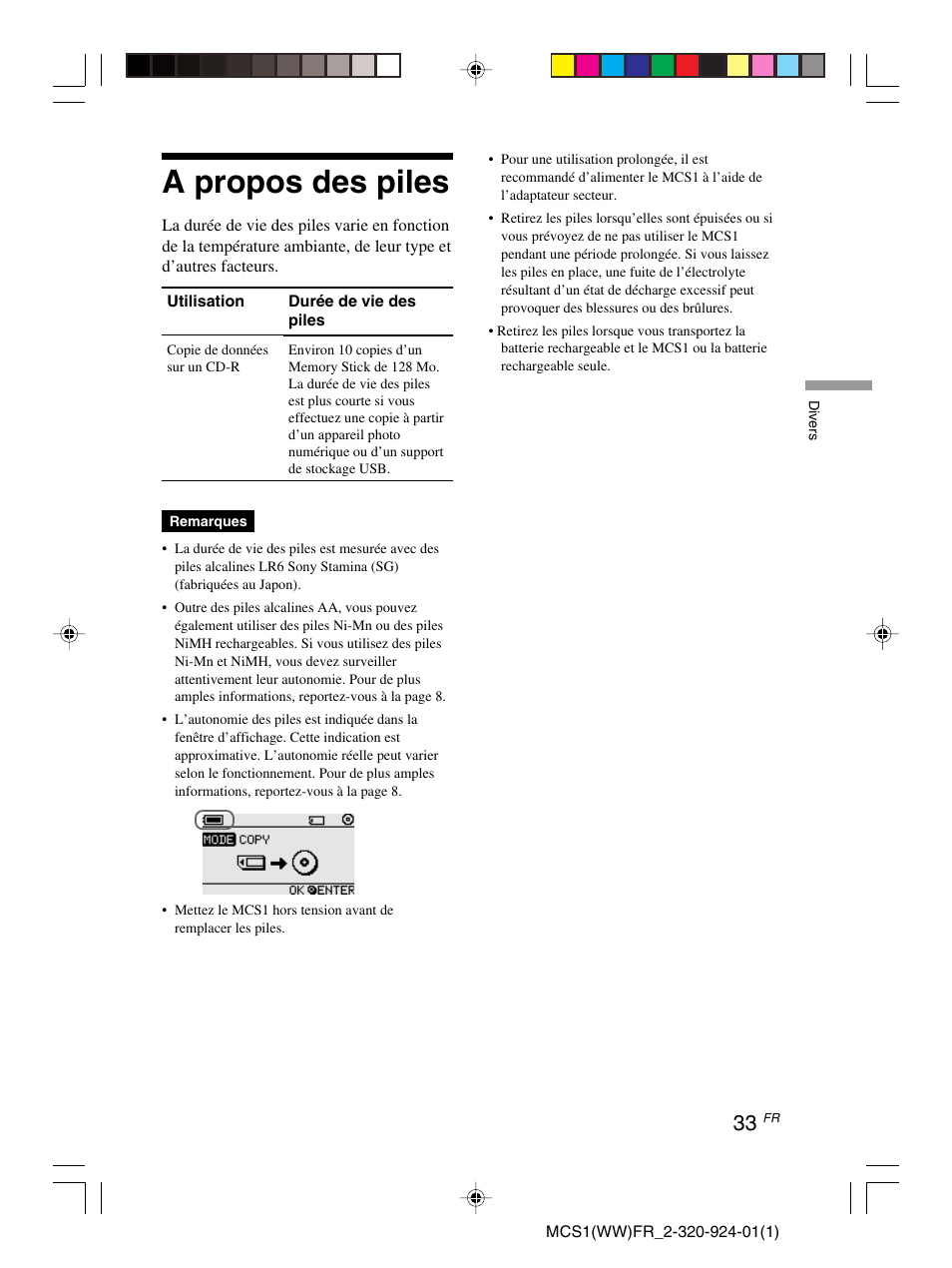 A propos des piles | Sony MCS1 User Manual | Page 67 / 108