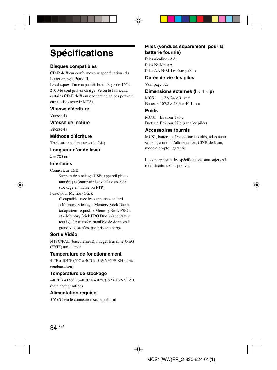 Spécifications | Sony MCS1 User Manual | Page 68 / 108