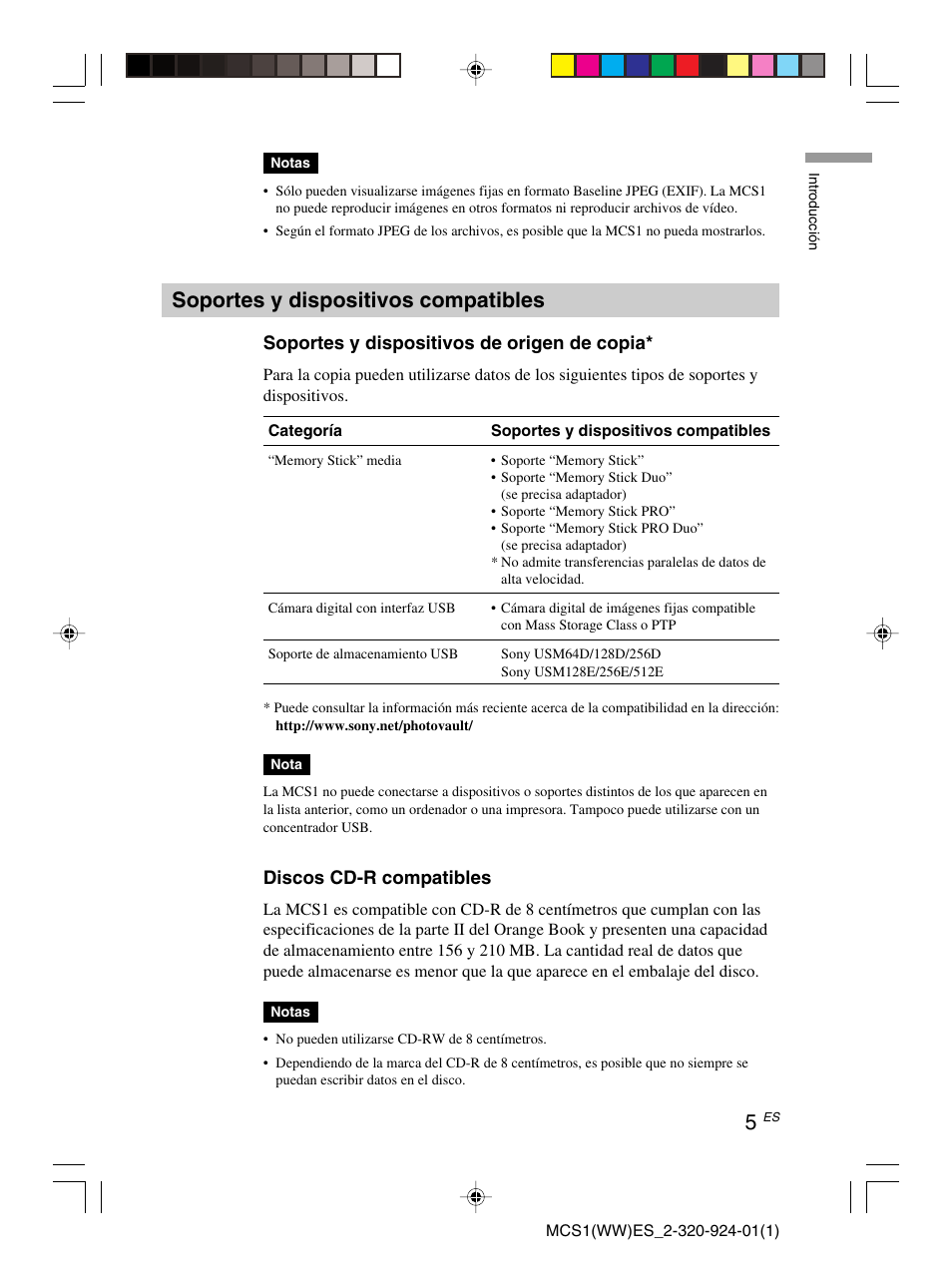 Soportes y dispositivos compatibles | Sony MCS1 User Manual | Page 75 / 108