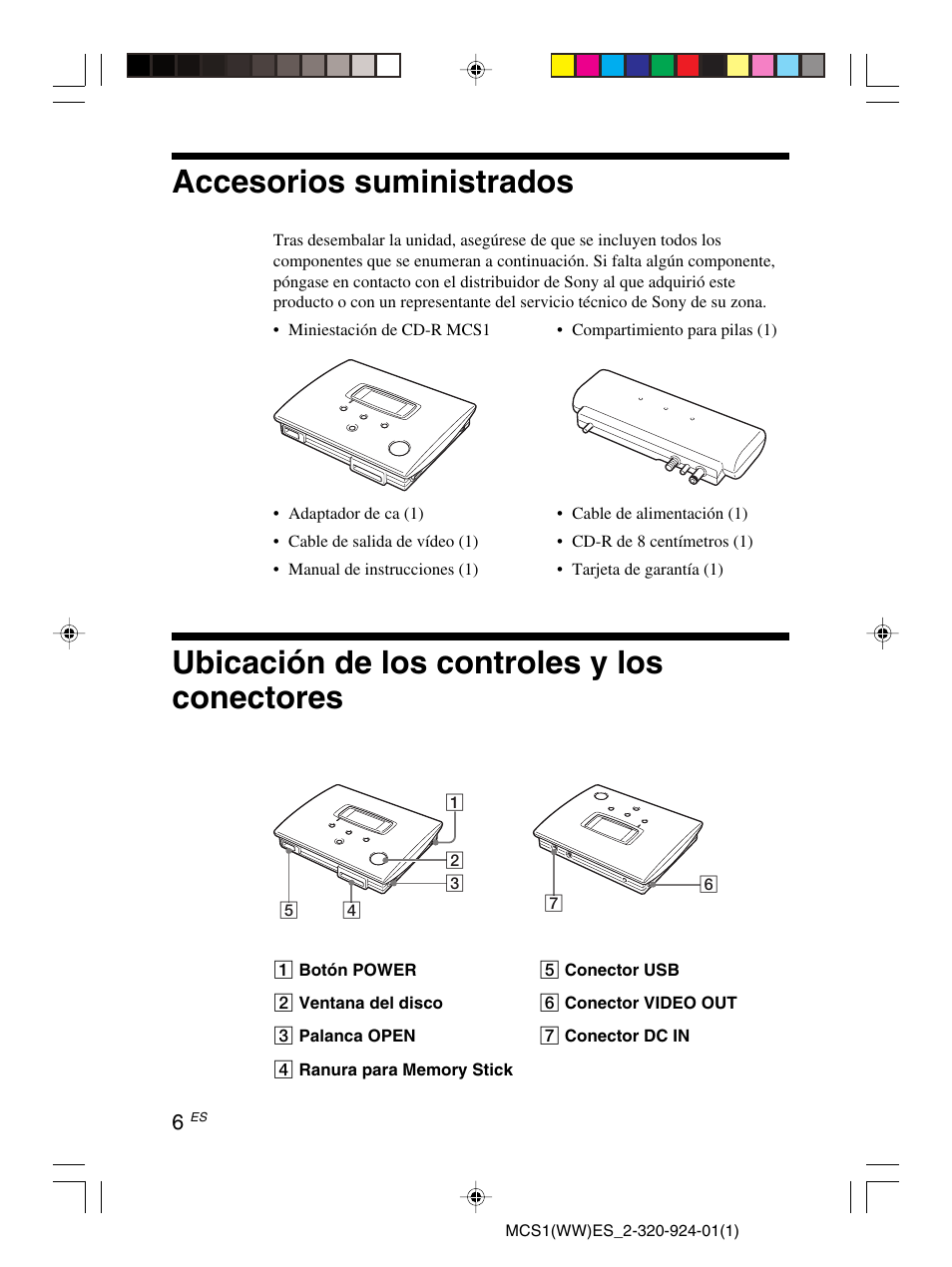 Accesorios suministrados, Ubicación de los controles y los conectores | Sony MCS1 User Manual | Page 76 / 108