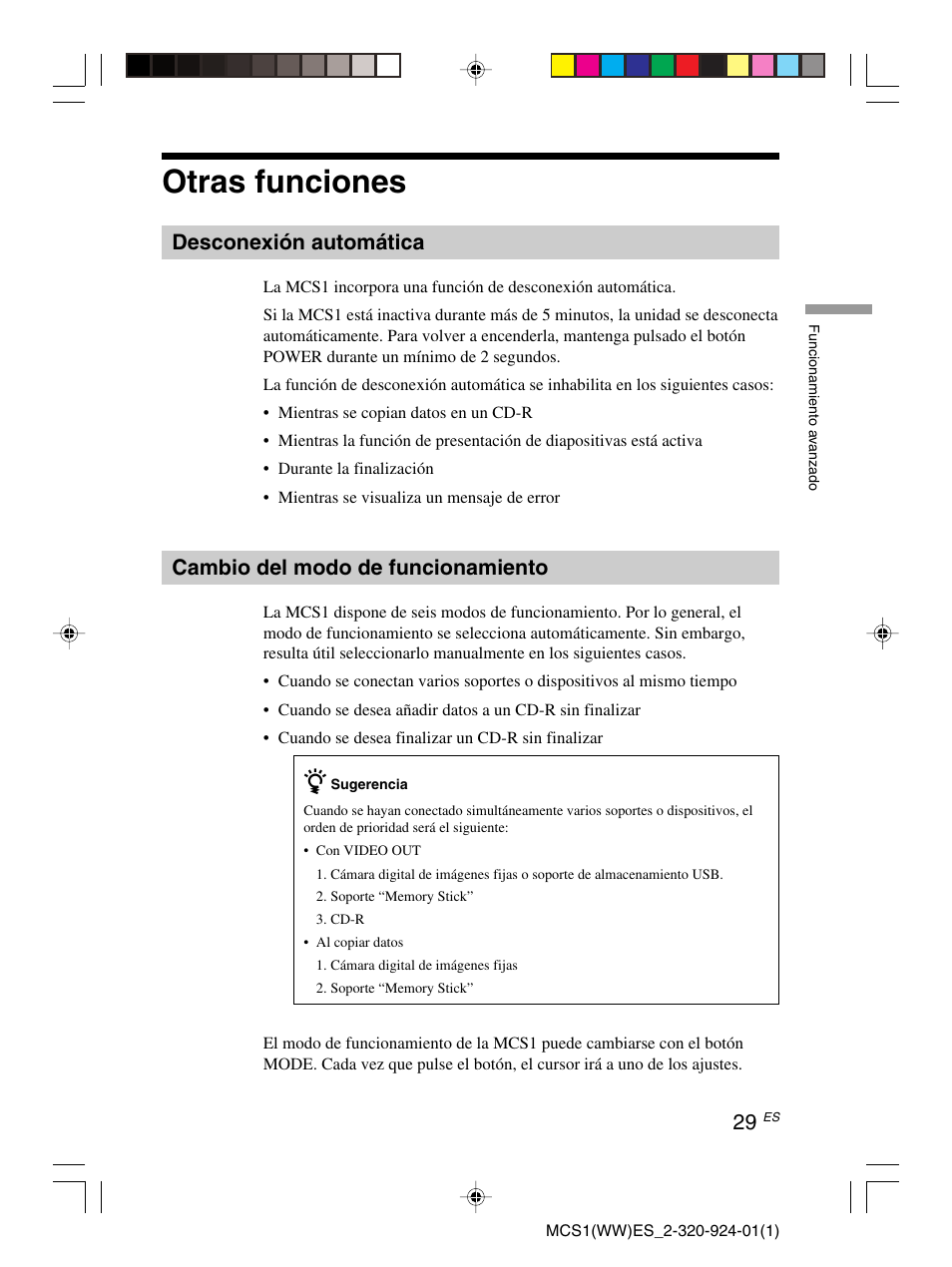Otras funciones, Desconexión automática, Cambio del modo de funcionamiento | Sony MCS1 User Manual | Page 99 / 108