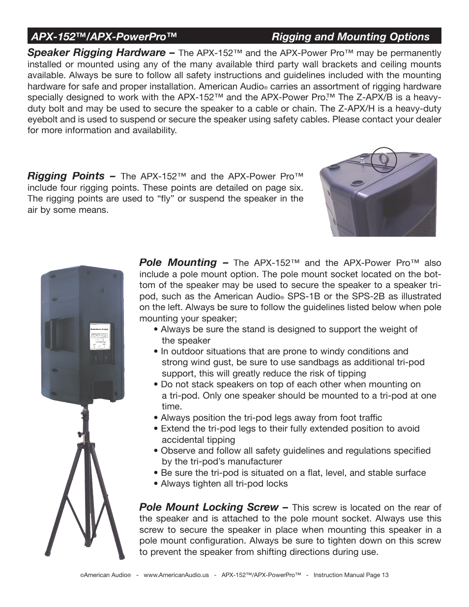 Rigging points, Pole mounting, Pole mount locking screw | American Audio APX-152 User Manual | Page 13 / 20