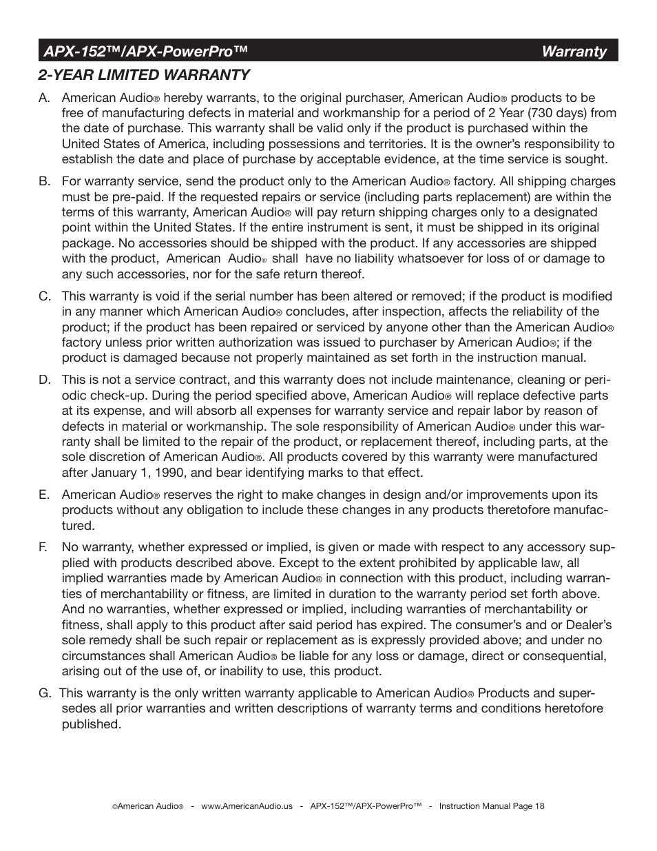 Year limited warranty, Apx-152™/apx-powerpro™ warranty | American Audio APX-152 User Manual | Page 18 / 20