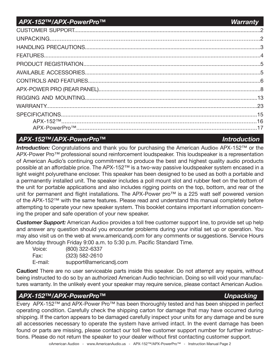 American Audio APX-152 User Manual | Page 2 / 20