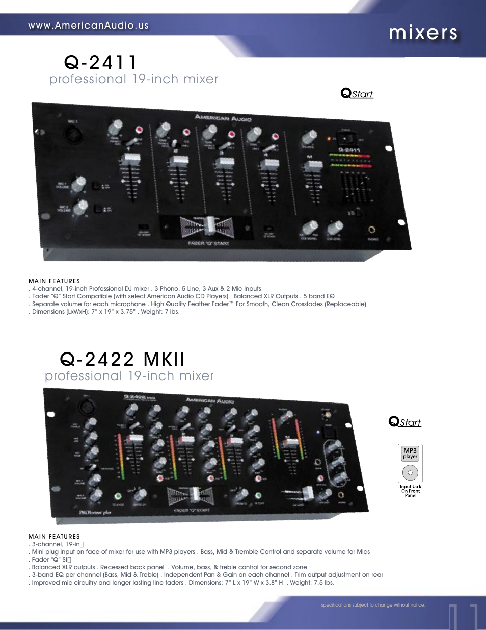 Mixers, Q-2411, Q-2422 mkii | Q-3433 mkii, Q-spand mkii | American Audio PROFESSIONAL DUAL MP3/CD PLAYER MCD-810 User Manual | Page 11 / 28