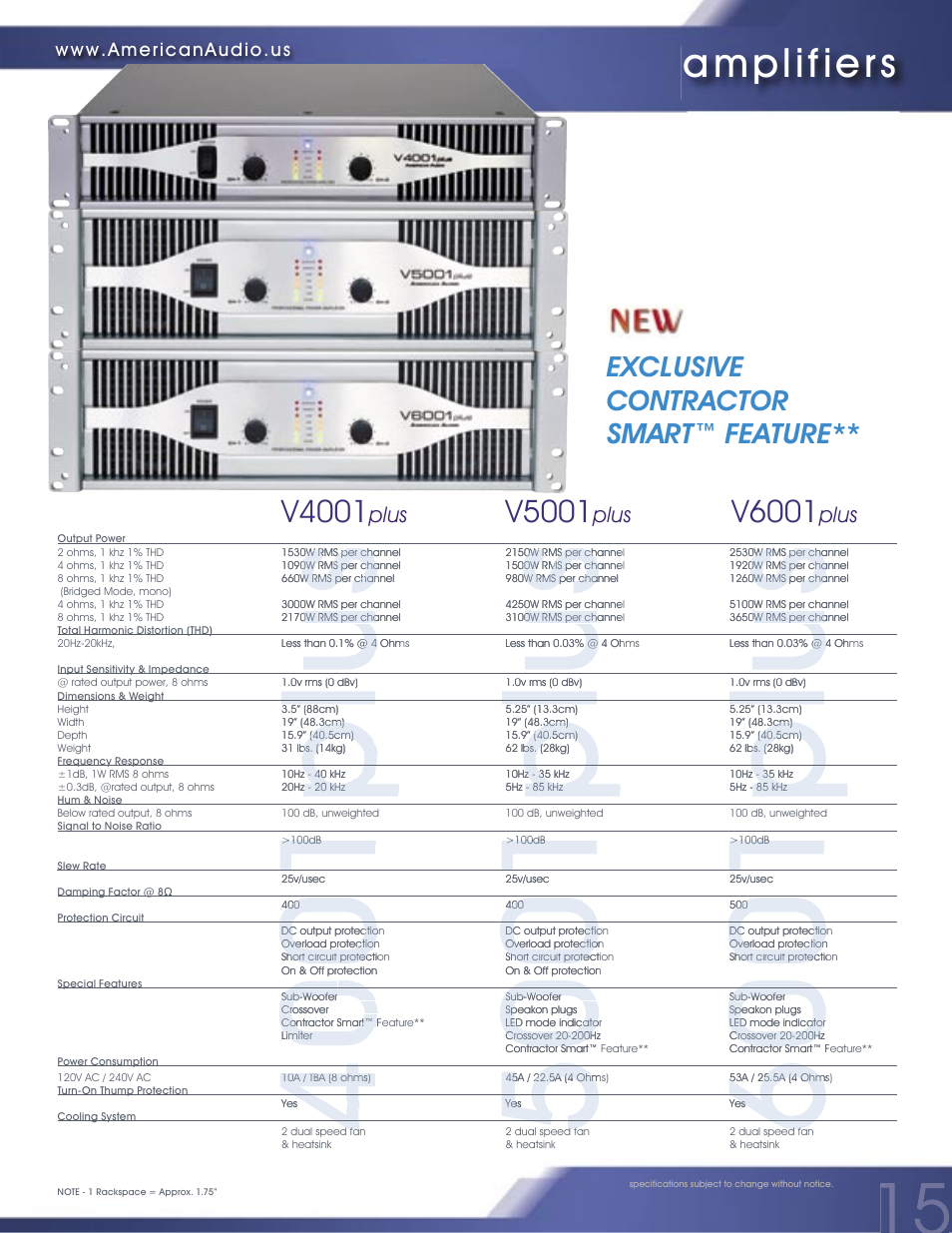 Plu s, Amplifiers, V4001 | V5001, V6001, Exclusive contractor smart™ feature, Plus | American Audio PROFESSIONAL DUAL MP3/CD PLAYER MCD-810 User Manual | Page 15 / 28