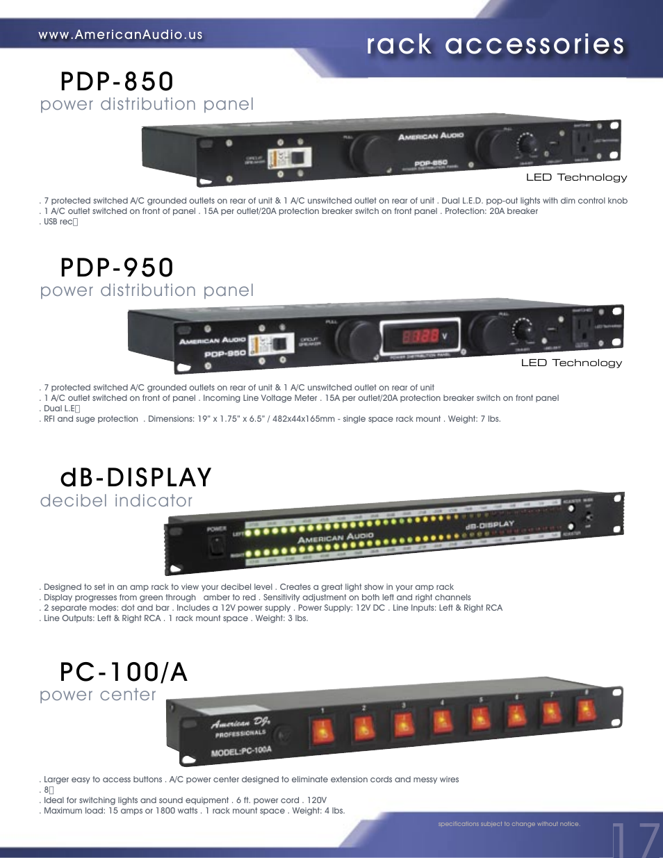 Rack accessories, Pc-100/a, Db-display | Pdp-950, Pdp-850 | American Audio PROFESSIONAL DUAL MP3/CD PLAYER MCD-810 User Manual | Page 17 / 28