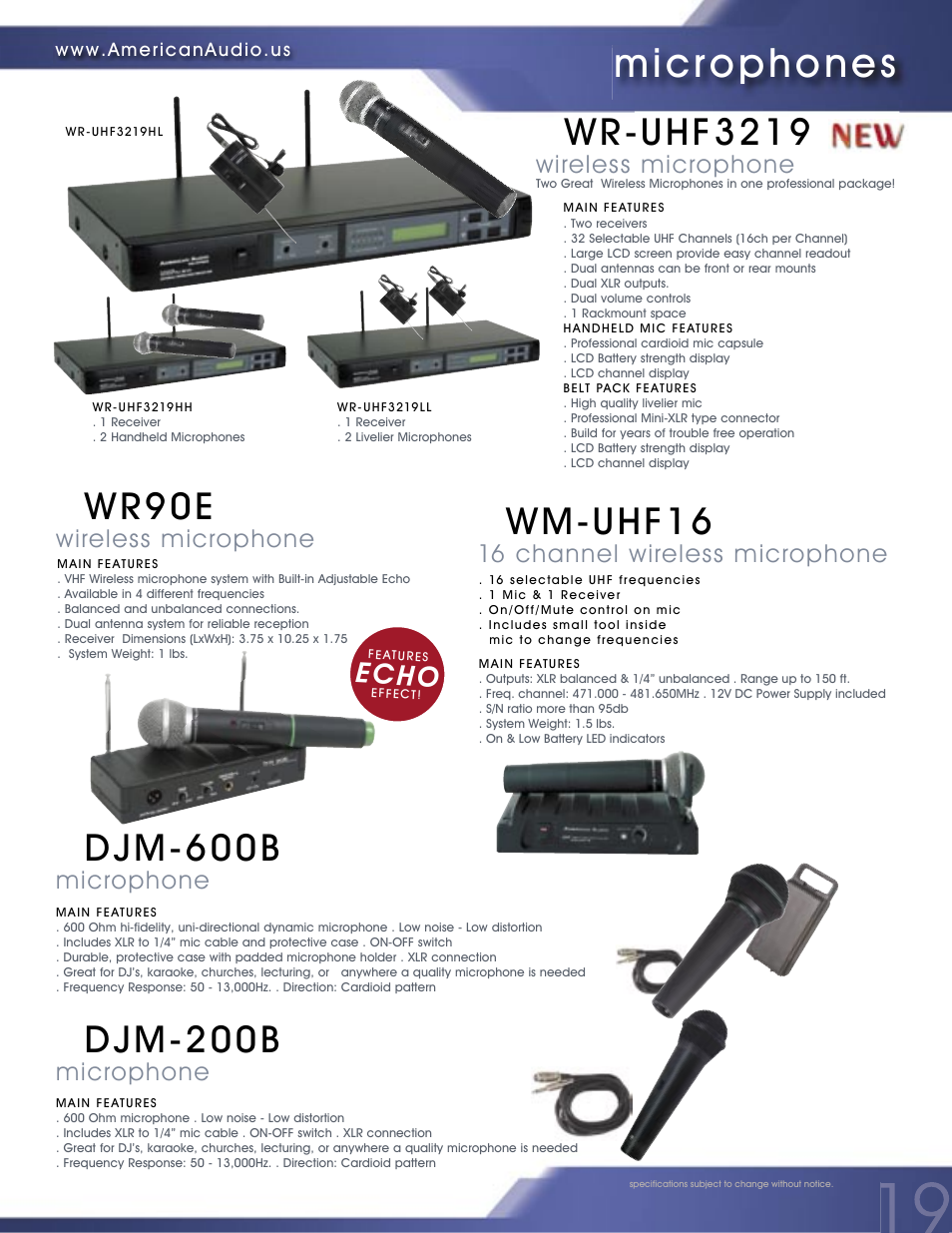 Microphones, Hp700, Djm-200b | Wm-uhf16, Djm-600b, Wr90e, Wr-uhf3219, Echo, Dj headphones, Microphone | American Audio PROFESSIONAL DUAL MP3/CD PLAYER MCD-810 User Manual | Page 19 / 28