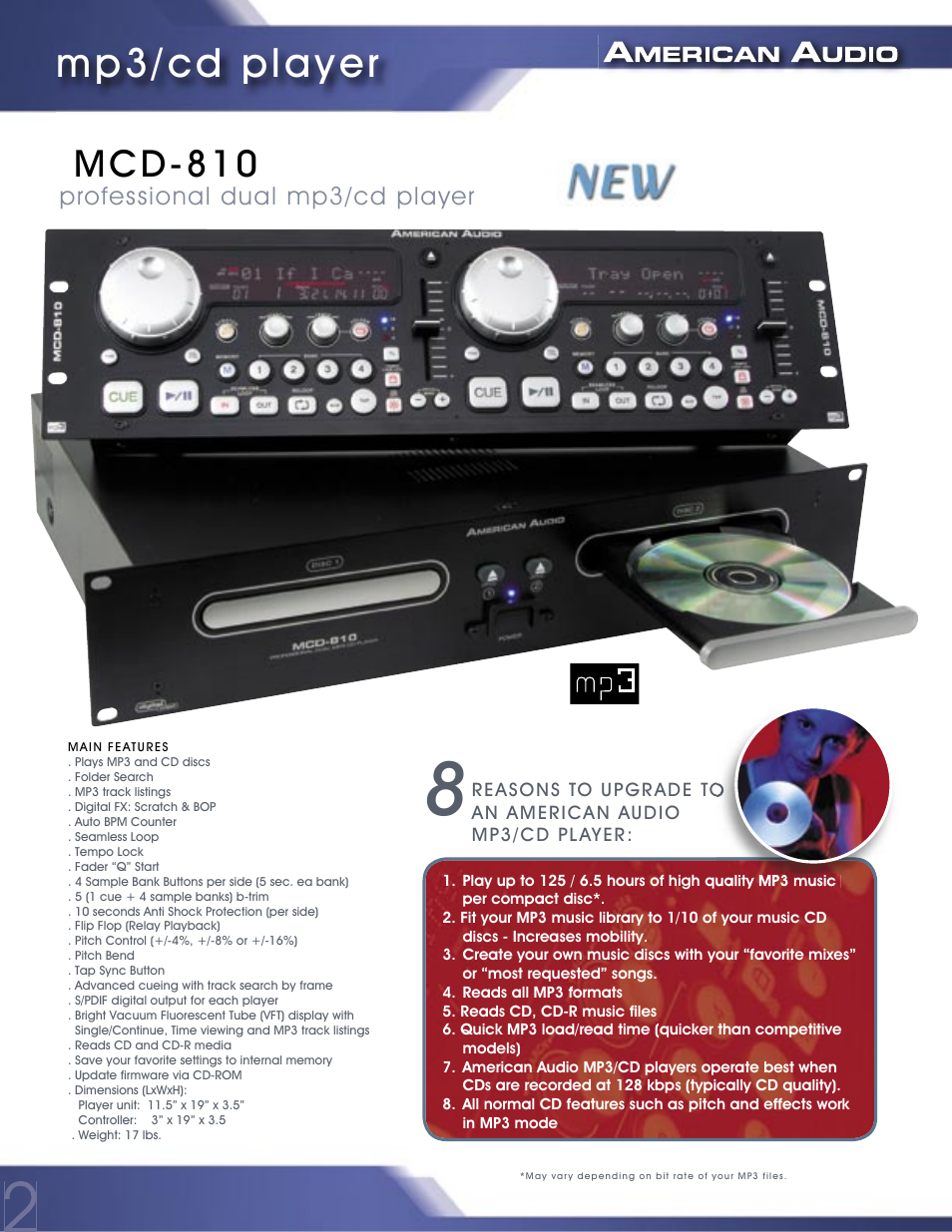 Mp3/cd player, Mcd-810 | American Audio PROFESSIONAL DUAL MP3/CD PLAYER MCD-810 User Manual | Page 2 / 28