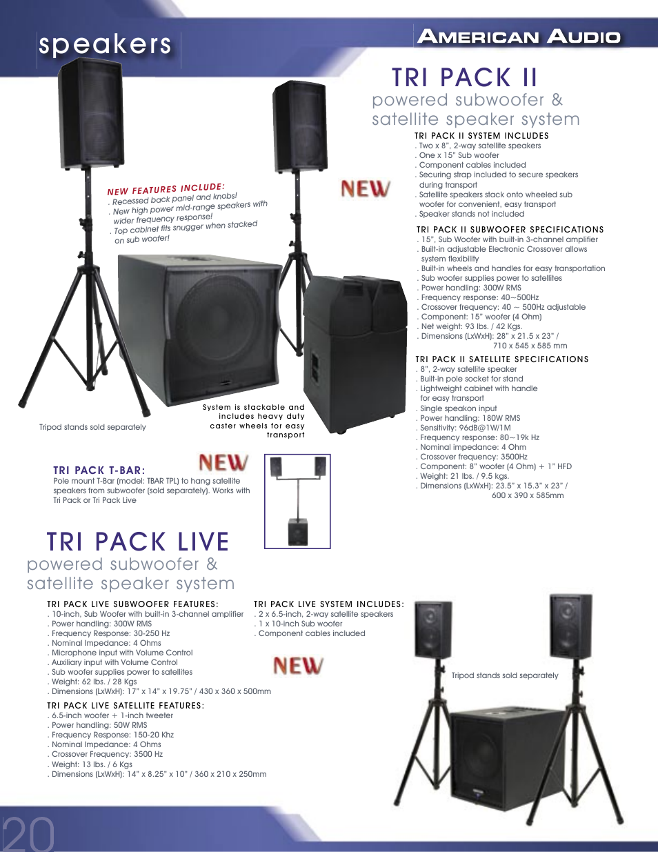 Speakers, Tri pack ii, Tri pack live | Powered subwoofer & satellite speaker system | American Audio PROFESSIONAL DUAL MP3/CD PLAYER MCD-810 User Manual | Page 20 / 28