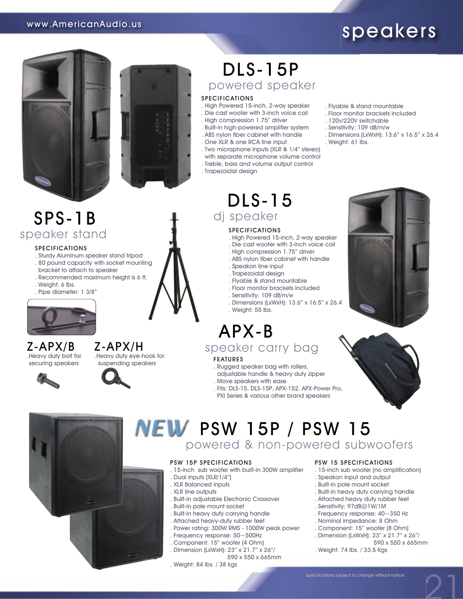 Speakers, Sps-1b, Apx-b | Dls-15p, Dls-15, Psw 15p / psw 15, Speaker stand, Speaker carry bag z-apx/h, Z-apx/b, Powered speaker | American Audio PROFESSIONAL DUAL MP3/CD PLAYER MCD-810 User Manual | Page 21 / 28