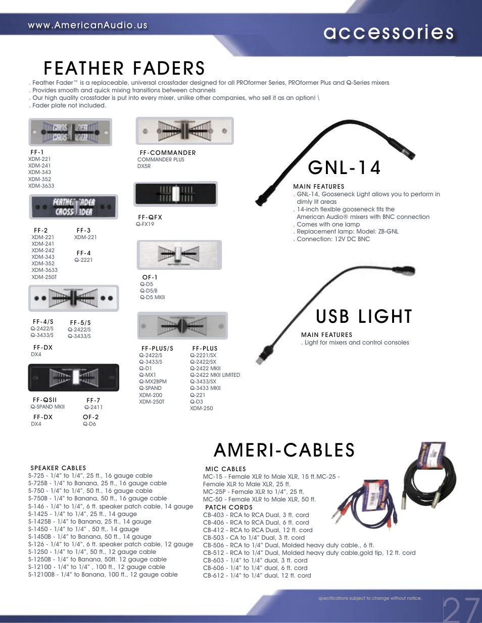 Accessories, Feather faders ameri-cables, Gnl-14 | Usb light | American Audio PROFESSIONAL DUAL MP3/CD PLAYER MCD-810 User Manual | Page 27 / 28