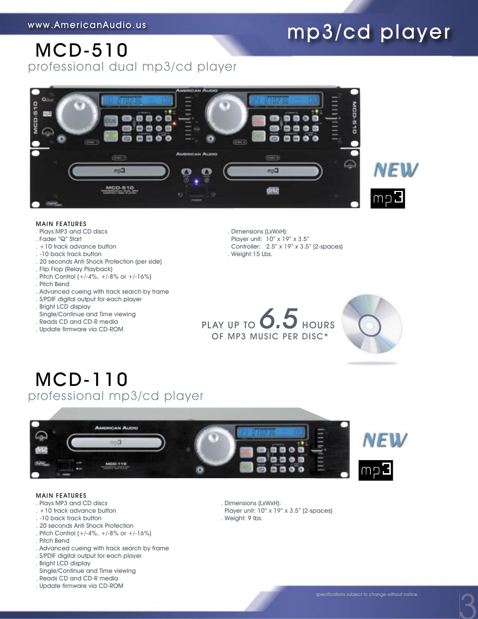 Mp3/cd player, Mcd-510, Mcd-110 | American Audio PROFESSIONAL DUAL MP3/CD PLAYER MCD-810 User Manual | Page 3 / 28