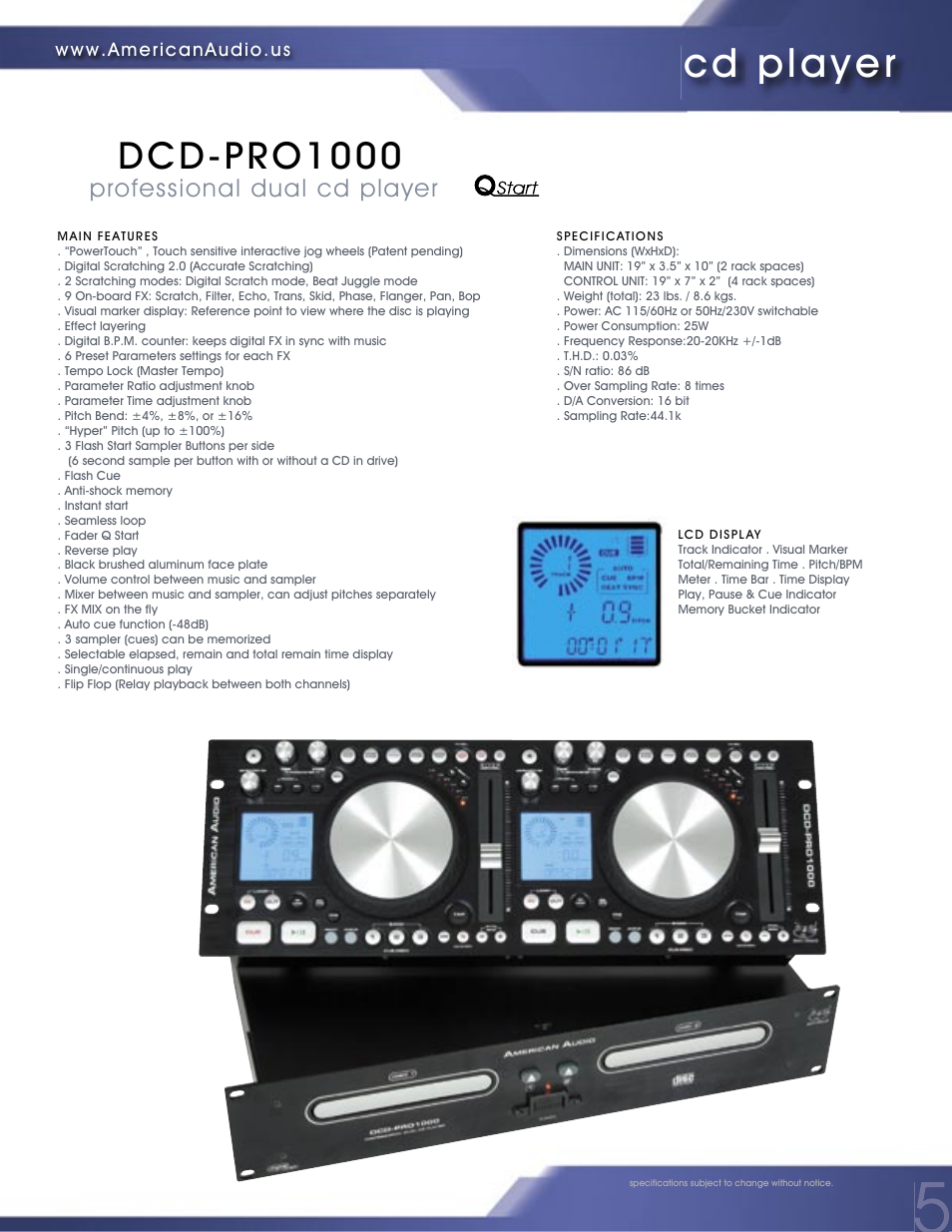 Cd player, Dcd-pro1000, Professional dual cd player | American Audio PROFESSIONAL DUAL MP3/CD PLAYER MCD-810 User Manual | Page 5 / 28