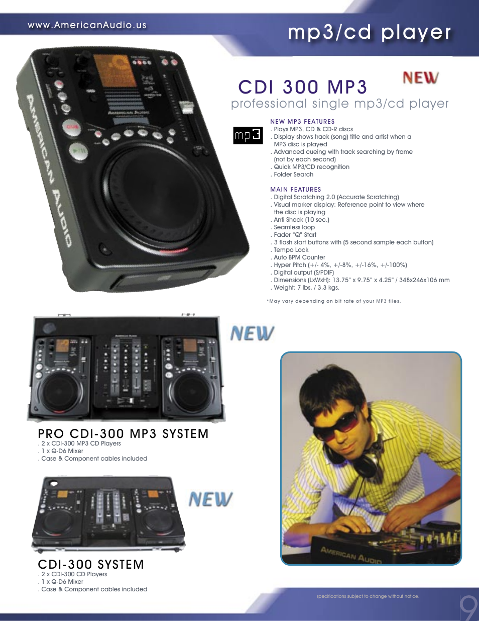 Mp3/cd player, Cdi 300 mp3, Cdi-300 system | Professional single mp3/cd player, Pro cdi-300 mp3 system | American Audio PROFESSIONAL DUAL MP3/CD PLAYER MCD-810 User Manual | Page 9 / 28