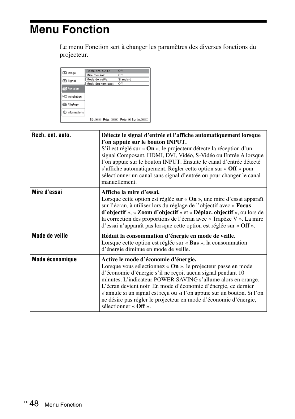 Menu fonction | Sony VPL-VW100 User Manual | Page 134 / 259