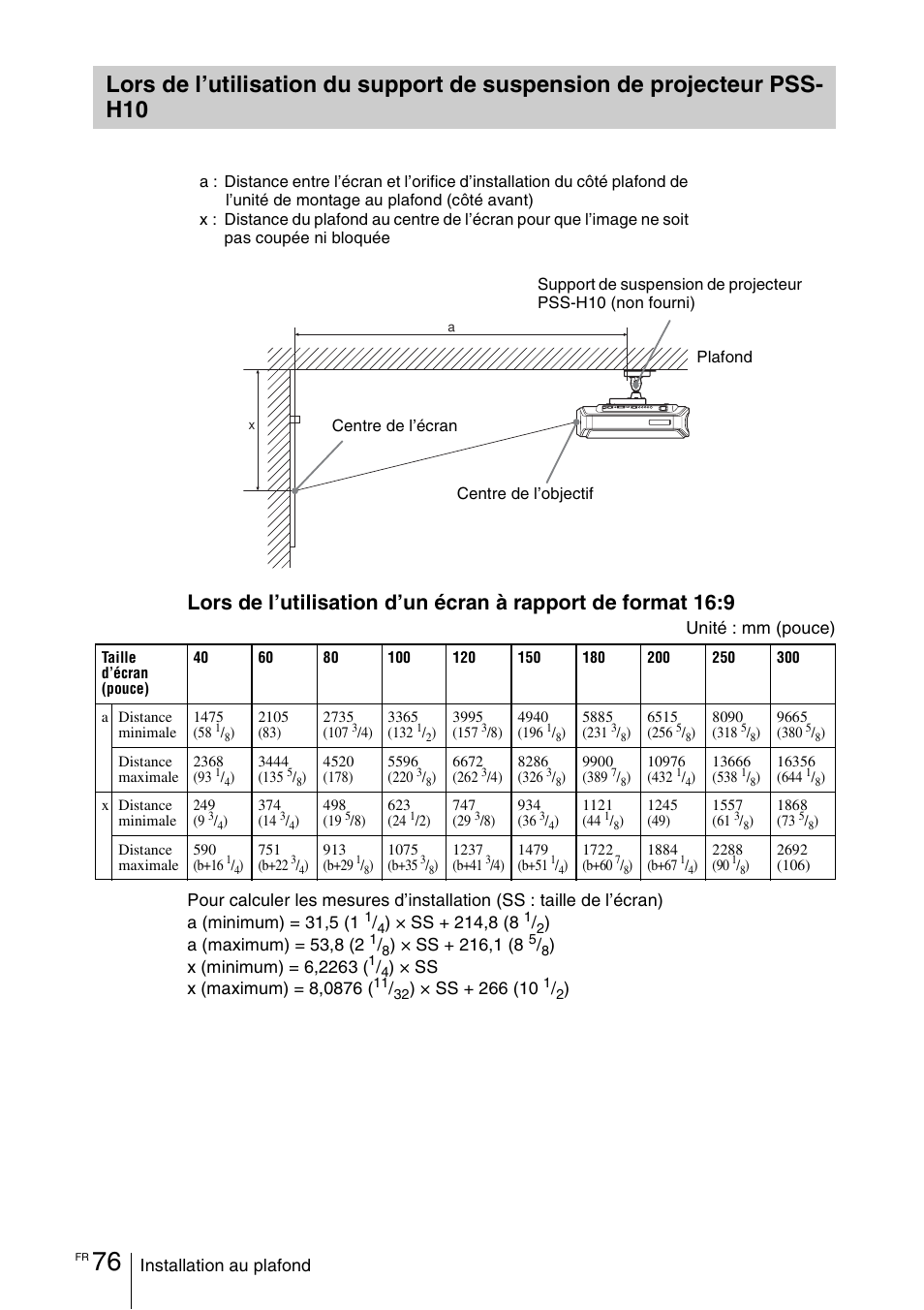 Lors de l’utilisation du support de, Suspension de projecteur pss-h10 | Sony VPL-VW100 User Manual | Page 162 / 259