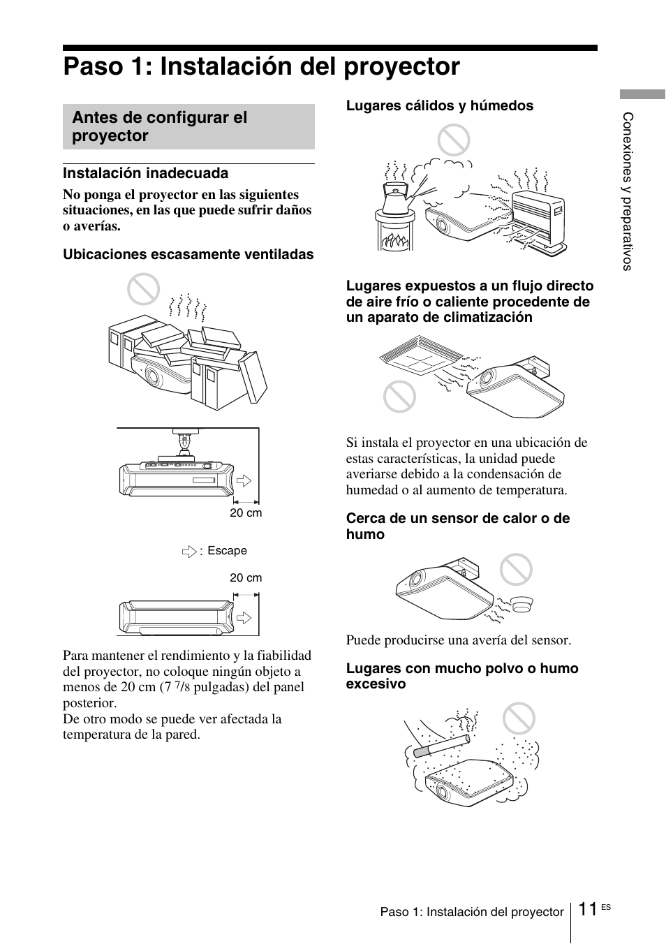 Paso 1: instalación del proyector, Antes de configurar el proyector, Antes de configurar el | Proyector | Sony VPL-VW100 User Manual | Page 183 / 259