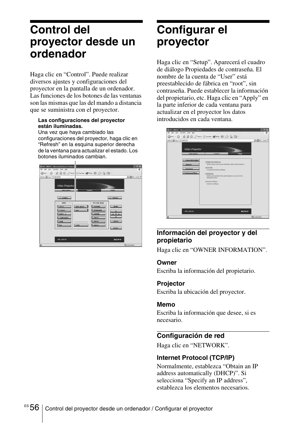 Control del proyector desde un ordenador, Configurar el proyector | Sony VPL-VW100 User Manual | Page 228 / 259