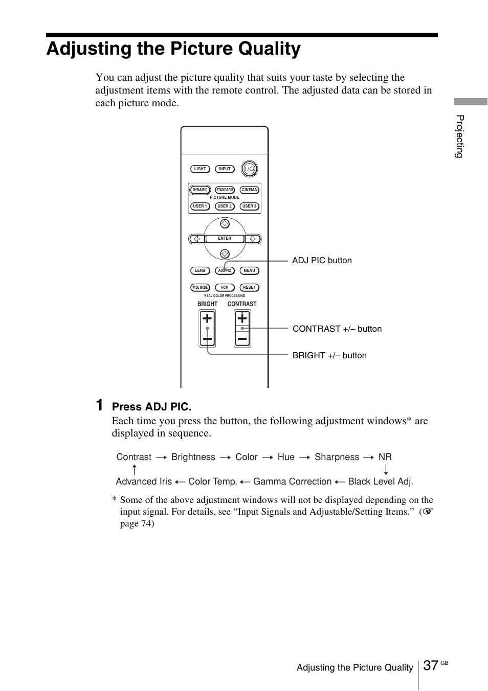 Adjusting the picture quality, Pr oj ec ting | Sony VPL-VW100 User Manual | Page 37 / 259