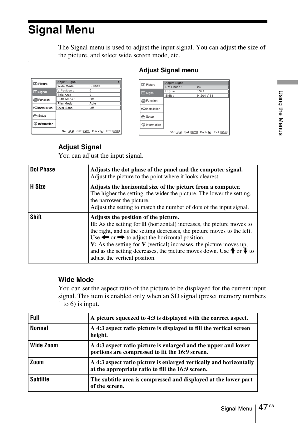 Signal menu, Adjust signal menu | Sony VPL-VW100 User Manual | Page 47 / 259