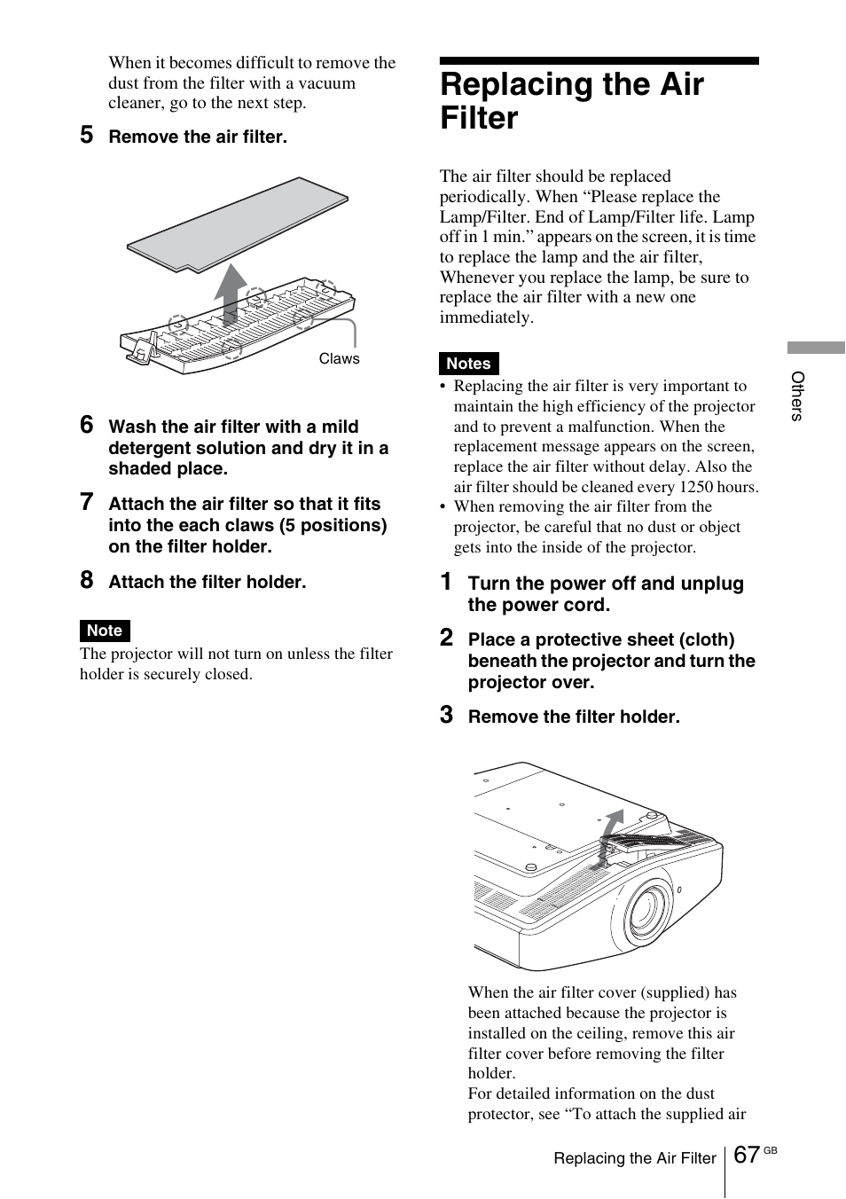 Replacing the air filter | Sony VPL-VW100 User Manual | Page 67 / 259