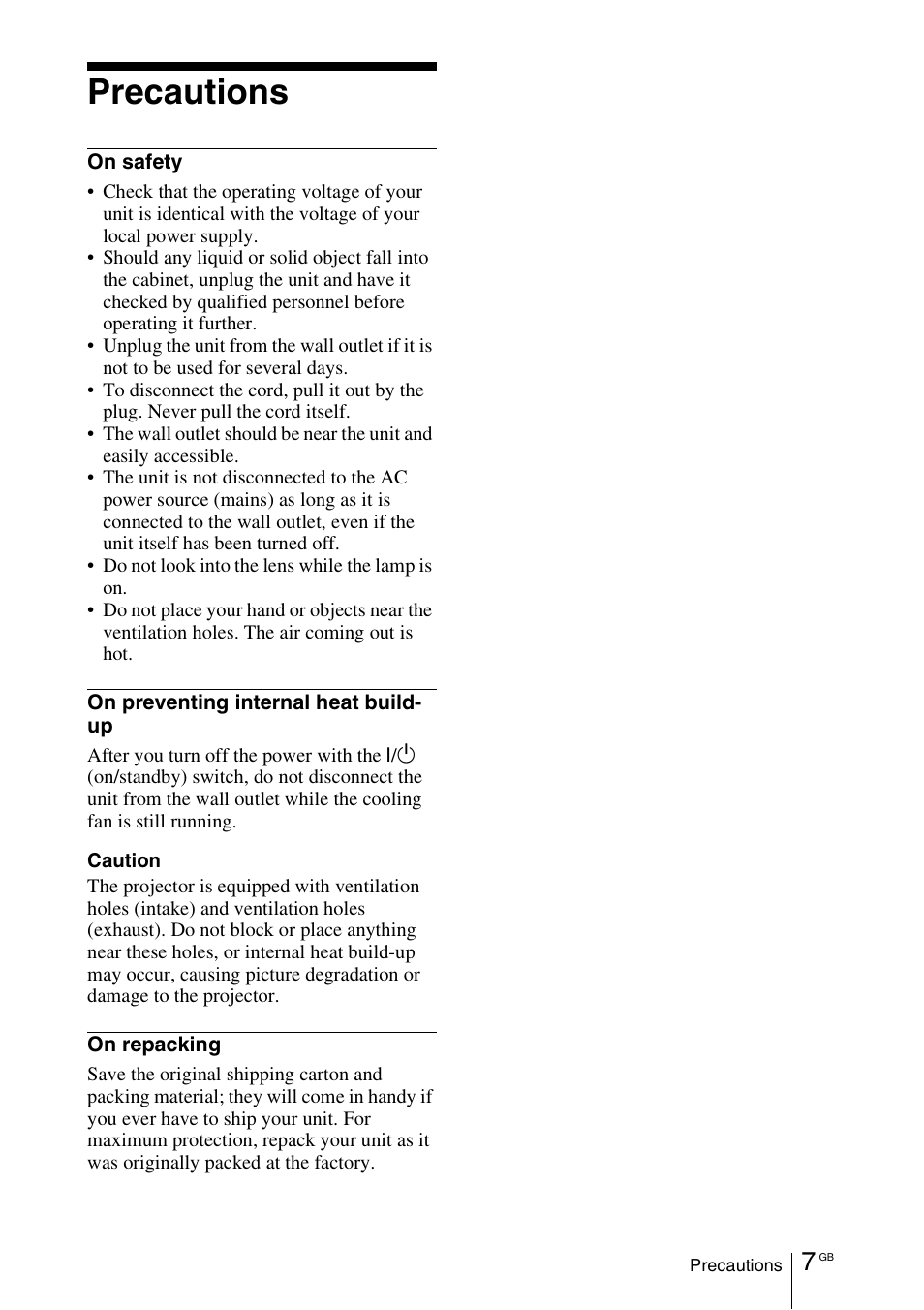 Precautions | Sony VPL-VW100 User Manual | Page 7 / 259