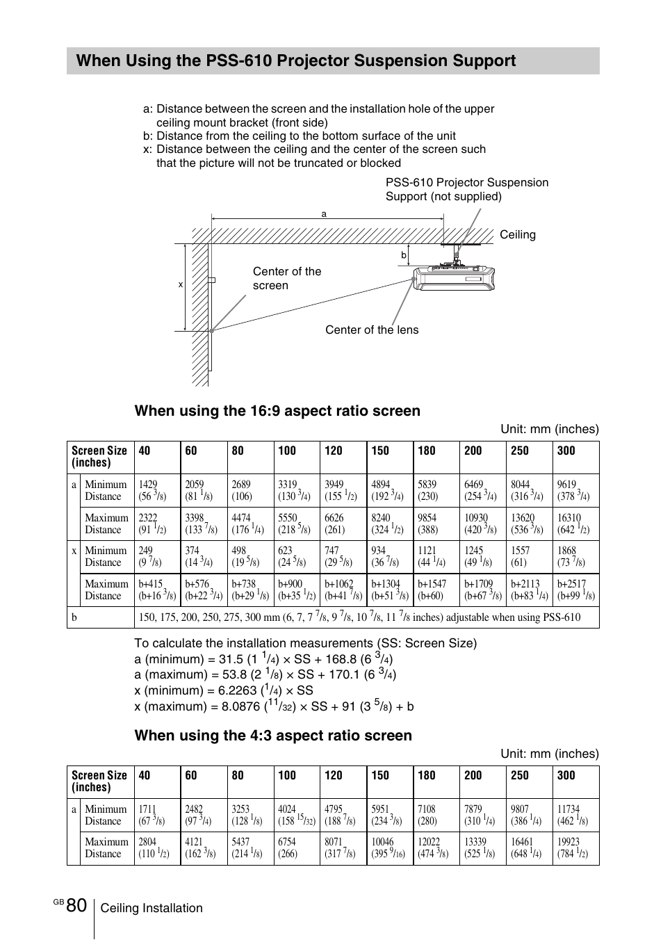 When using the pss-610 projector, Suspension support, When using the 16:9 aspect ratio screen | When using the 4:3 aspect ratio screen | Sony VPL-VW100 User Manual | Page 80 / 259