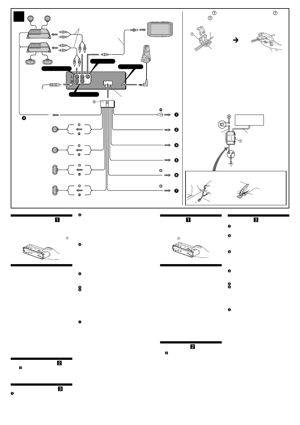 Lista de componentes ( 1 ), Precauciones, Ejemplo de conexiones ( 2 ) | Diagramas de conexión ( 3 ), S¥ ⁄@˜ “ ¡] 1, U‚ ‡s– „ˇ¤ ¡] 2, U‚ ‡s– „ˇ¡] 3 | Sony CDX-V7800X User Manual | Page 2 / 4