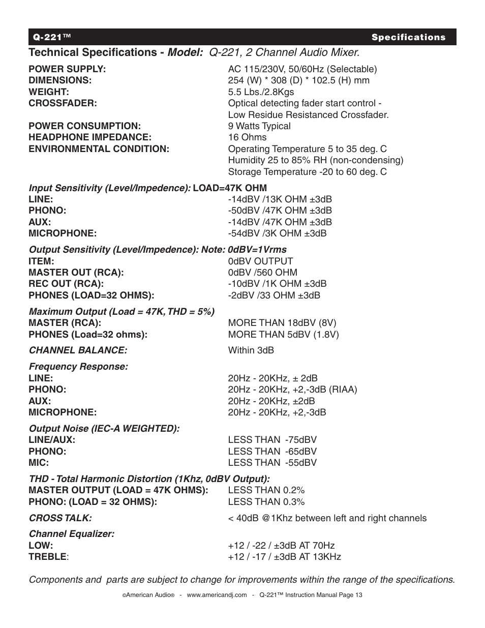 American Audio Q-221 User Manual | Page 13 / 14