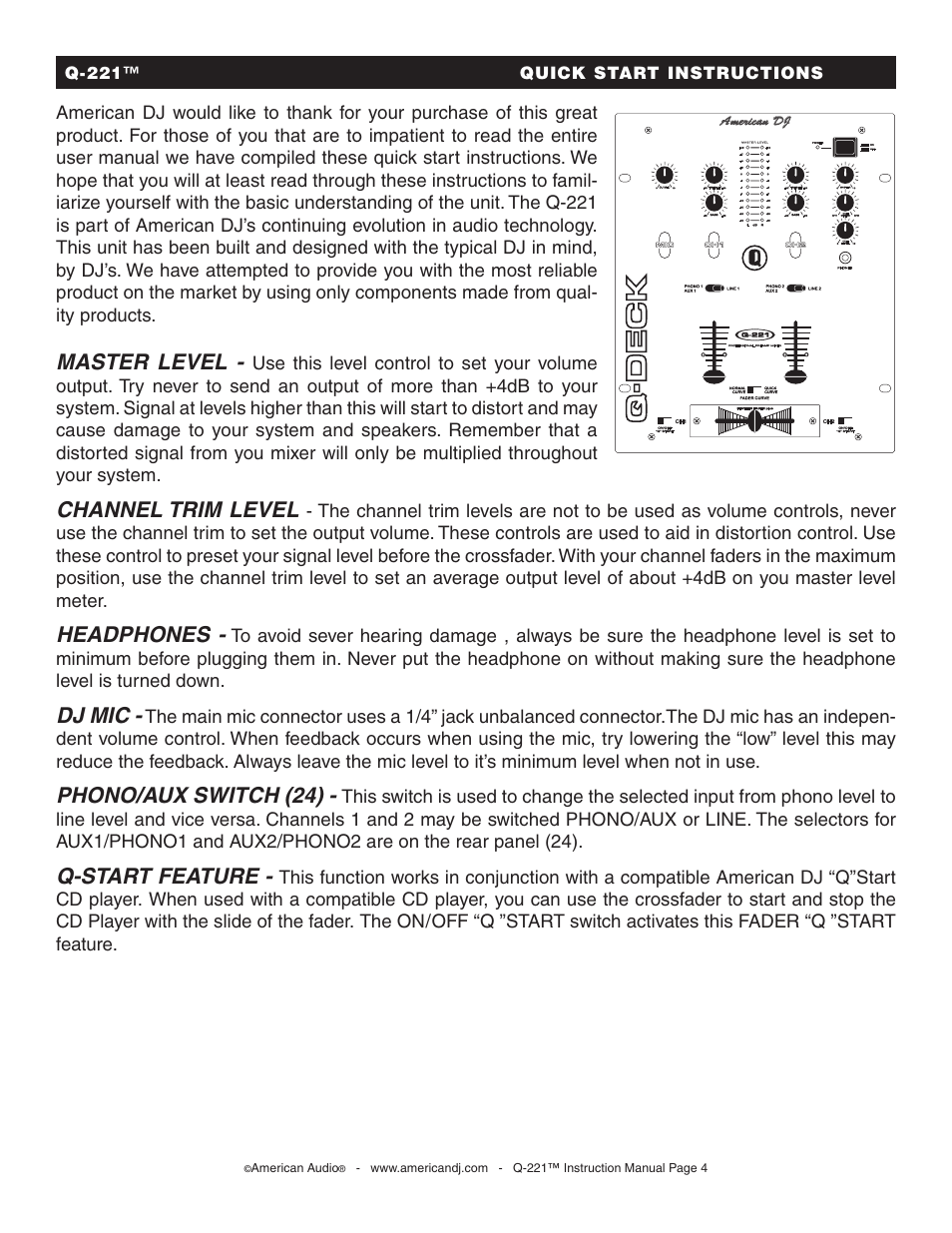 Master level, Channel trim level, Headphones | Dj mic, Phono/aux switch (24), Q-start feature | American Audio Q-221 User Manual | Page 4 / 14