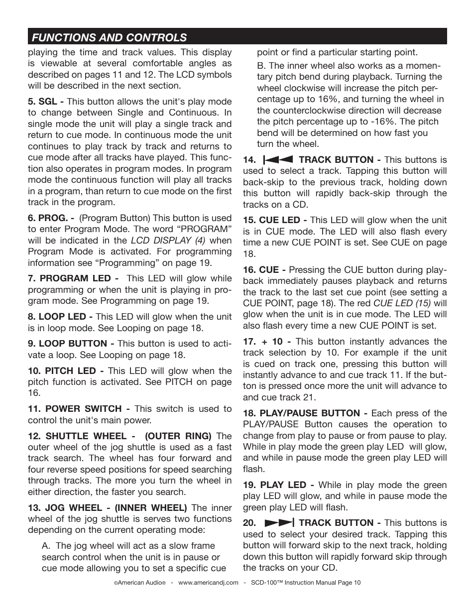 Functions and controls | American Audio SCD-100 User Manual | Page 10 / 24