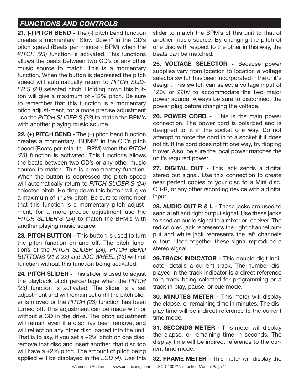 Functions and controls | American Audio SCD-100 User Manual | Page 11 / 24