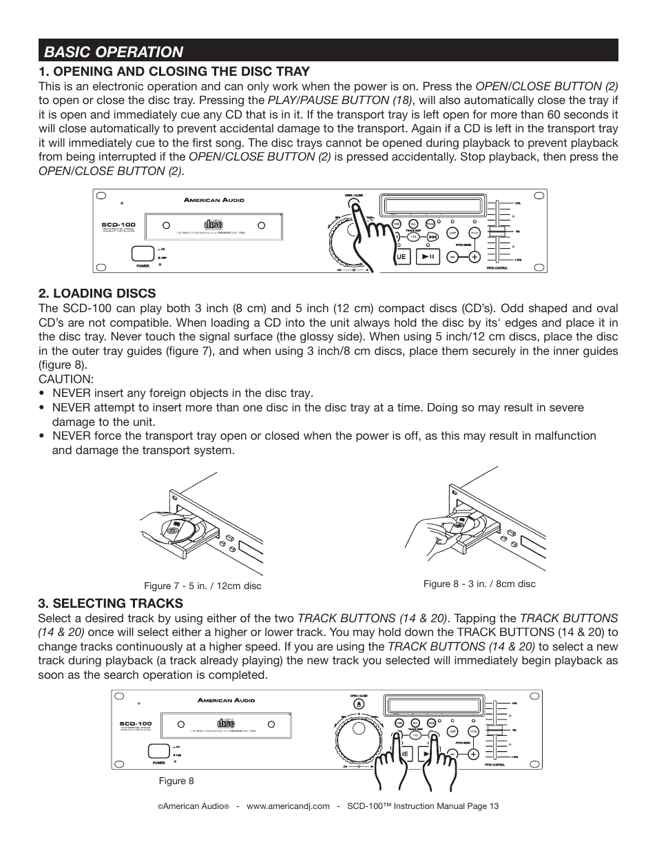 Basic operation, Loading discs, Selecting tracks | Opening and closing the disc tray, Figure 8, American audio | American Audio SCD-100 User Manual | Page 13 / 24