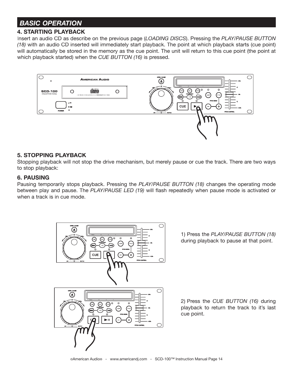 Basic operation, Starting playback, Stopping playback | Pausing, American audio | American Audio SCD-100 User Manual | Page 14 / 24