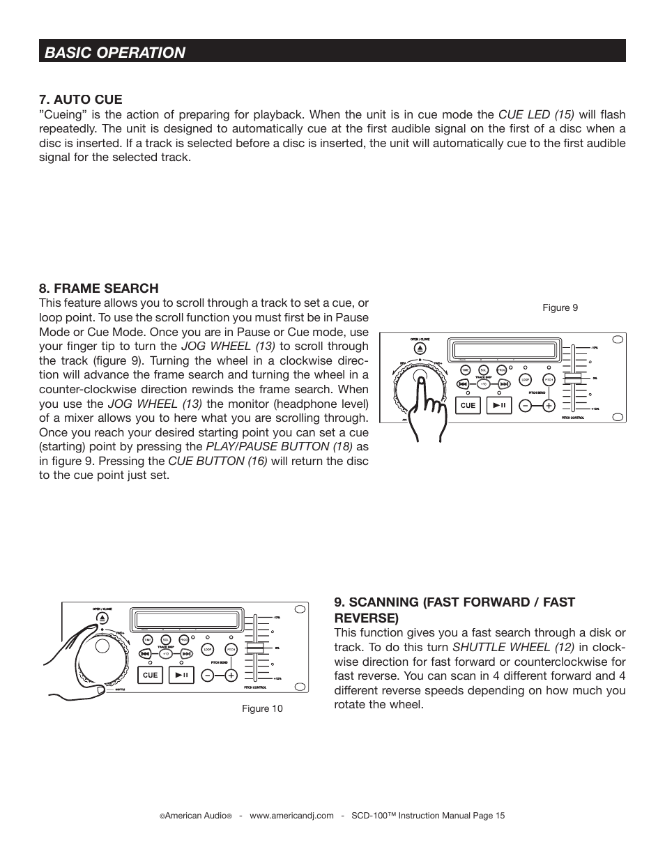 Basic operation, Frame search, Scanning (fast forward / fast reverse) | Auto cue, Figure 9 figure 10, American audio | American Audio SCD-100 User Manual | Page 15 / 24