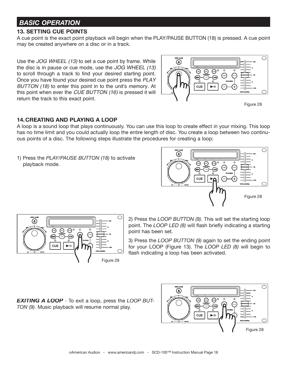 Basic operation, Setting cue points, Creating and playing a loop | Exiting a loop, Figure 28, American audio | American Audio SCD-100 User Manual | Page 18 / 24