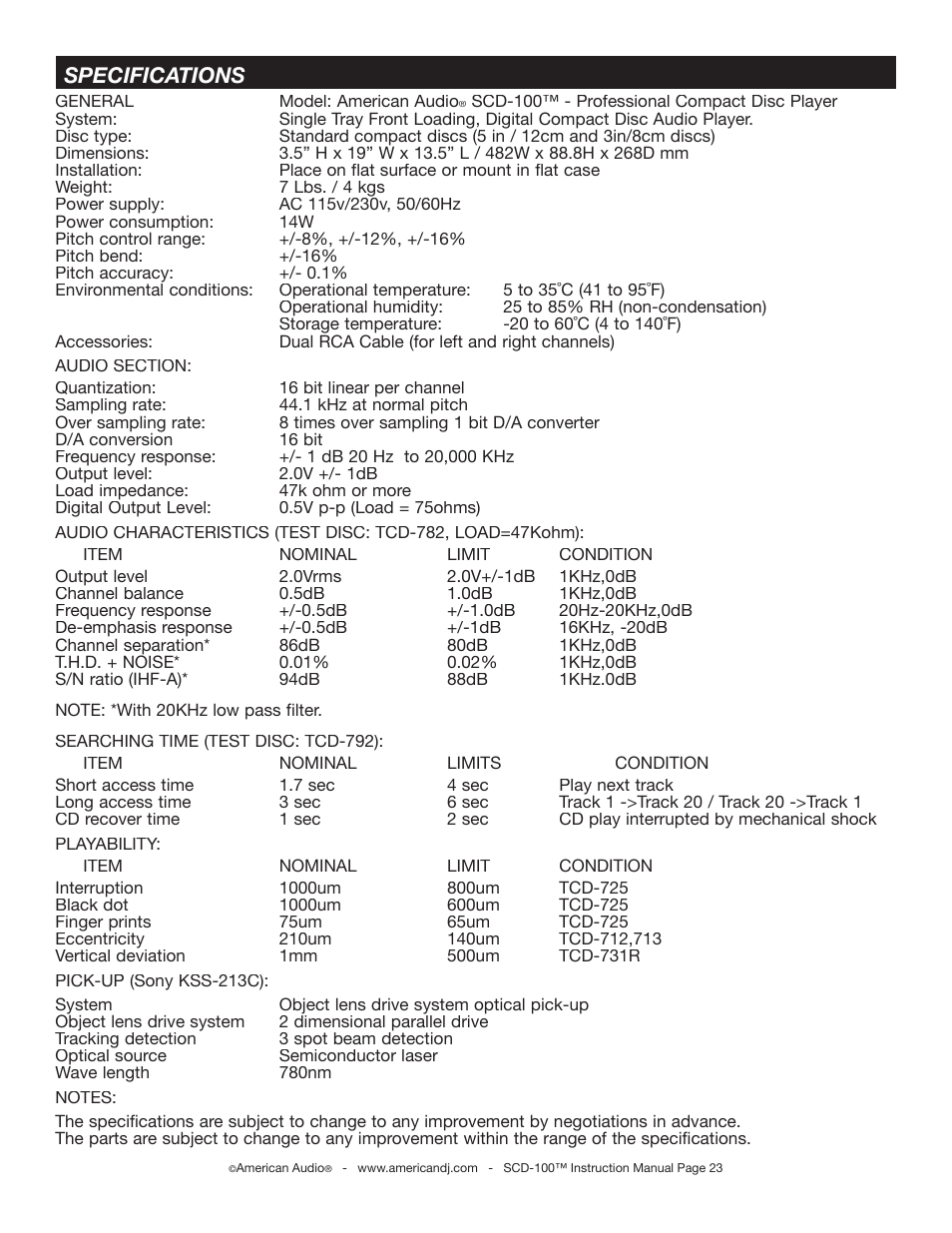 Specifications | American Audio SCD-100 User Manual | Page 23 / 24